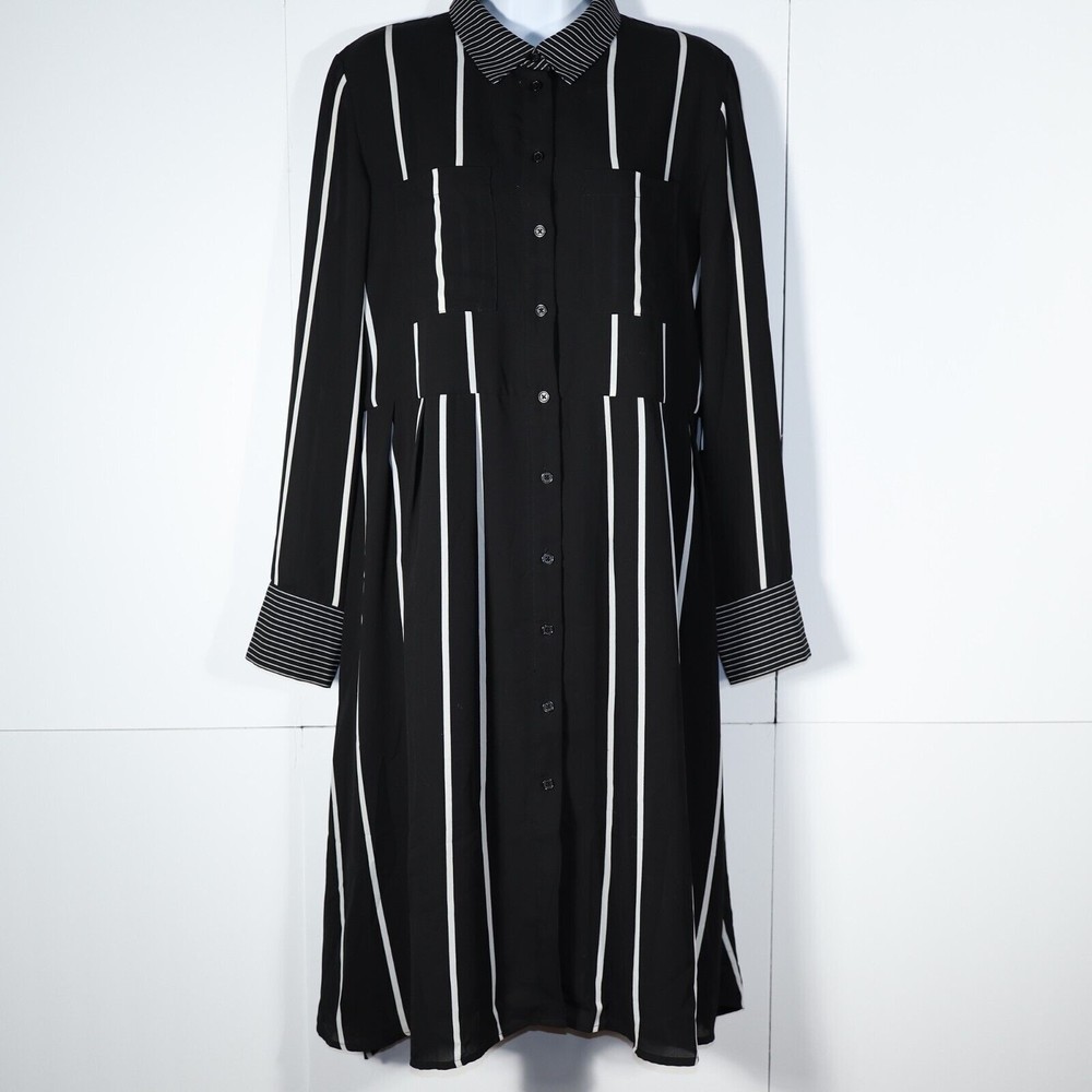 Who What Where Womens Long Sleeved Lined Black White Striped Dress Size L